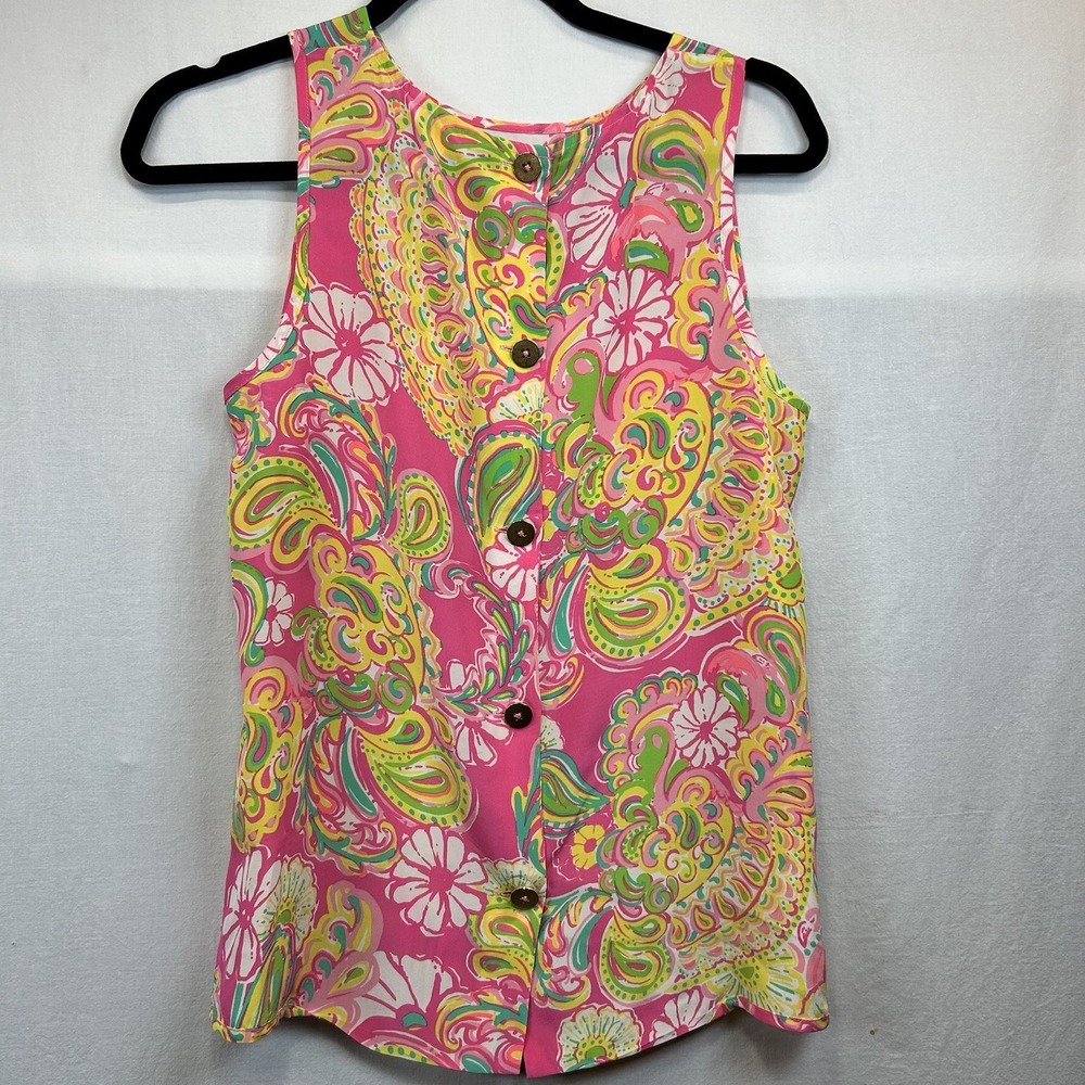 Lilly Pulitzer Iona Sleeveless Silk Tank Top Bitty Pink Double Trouble Small - Picture 2 of 7